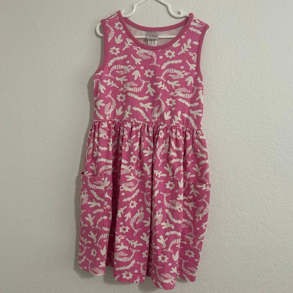 Hanna Andersson Sleeveless Mermaid Print Pink Pocket Dress Size 8
